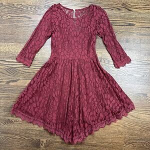 Free People Dress Womens 4 Red Lace Fit & Flare Asymmetrical Hem 3/4 Sleeve‎